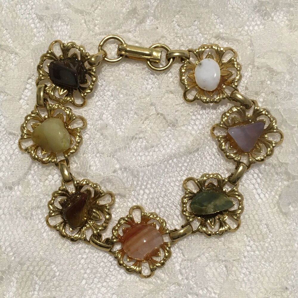 Vintage Gold Tone Filigree Link Bracelet Polished Nugget Semi Precious Gem Stone